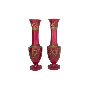 2 Matching Handmade & Painted Red Wooden Vases w/Applied Gold Floral Motif 10.5”